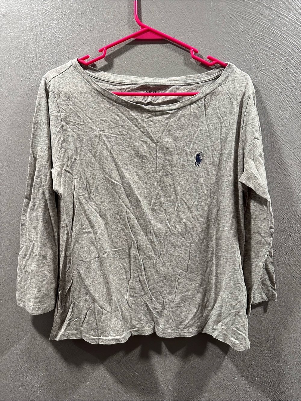 Ralph Lauren Light Gray Long Sleeve Boatneck Tee with Navy Pony
